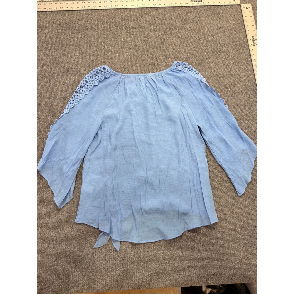 PerSeption Concept Lace Trim Blouse Womens L Blue Crochet Sleeve Front Tie Top - Picture 8 of 9